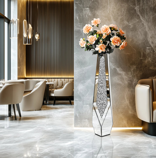 Tall Floor Mirror Vase – Large Crushed Diamond Glass Centerpiece for Modern Home Décor