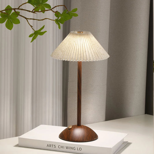 Portable LED Table Lamp – Wood Base, Fabric Shade, Touch Dimming & Rechargeable