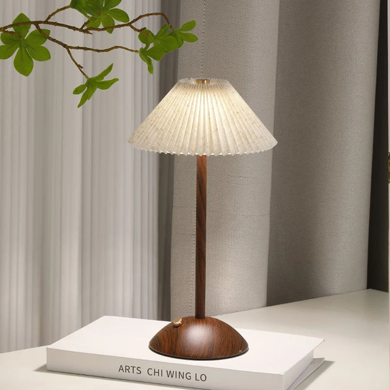 Portable LED Table Lamp – Wood Base, Fabric Shade, Touch Dimming & Rechargeable