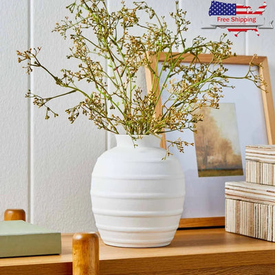 Textured Ribbed Ceramic Vase – 8" Rustic White Home Décor with Wide Opening
