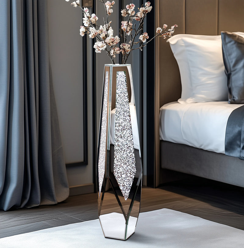 Tall Floor Mirror Vase – Large Crushed Diamond Glass Centerpiece for Modern Home Décor