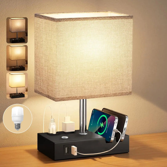 Modern Bedside Table Lamp – 15.7" with Dual USB Charging Ports, 3 Brightness Levels & Free LED Bulb