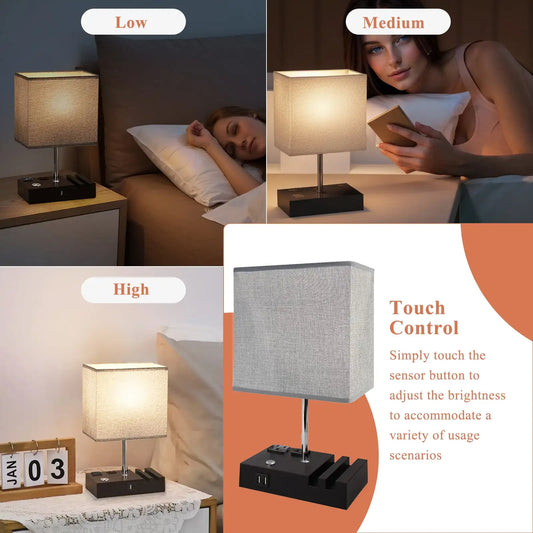 Modern Bedside Table Lamp – 15.7" with Dual USB Charging Ports, 3 Brightness Levels & Free LED Bulb
