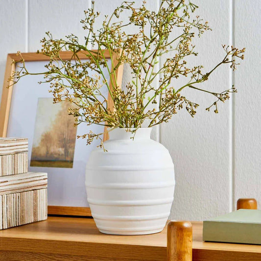 Textured Ribbed Ceramic Vase – 8" Rustic White Home Décor with Wide Opening