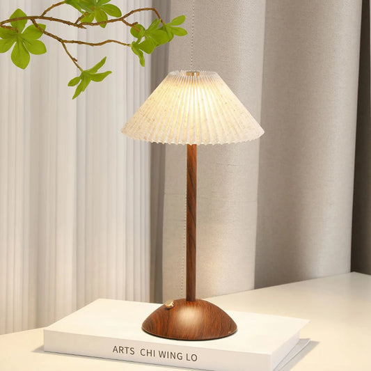 Portable LED Table Lamp – Wood Base, Fabric Shade, Touch Dimming & Rechargeable